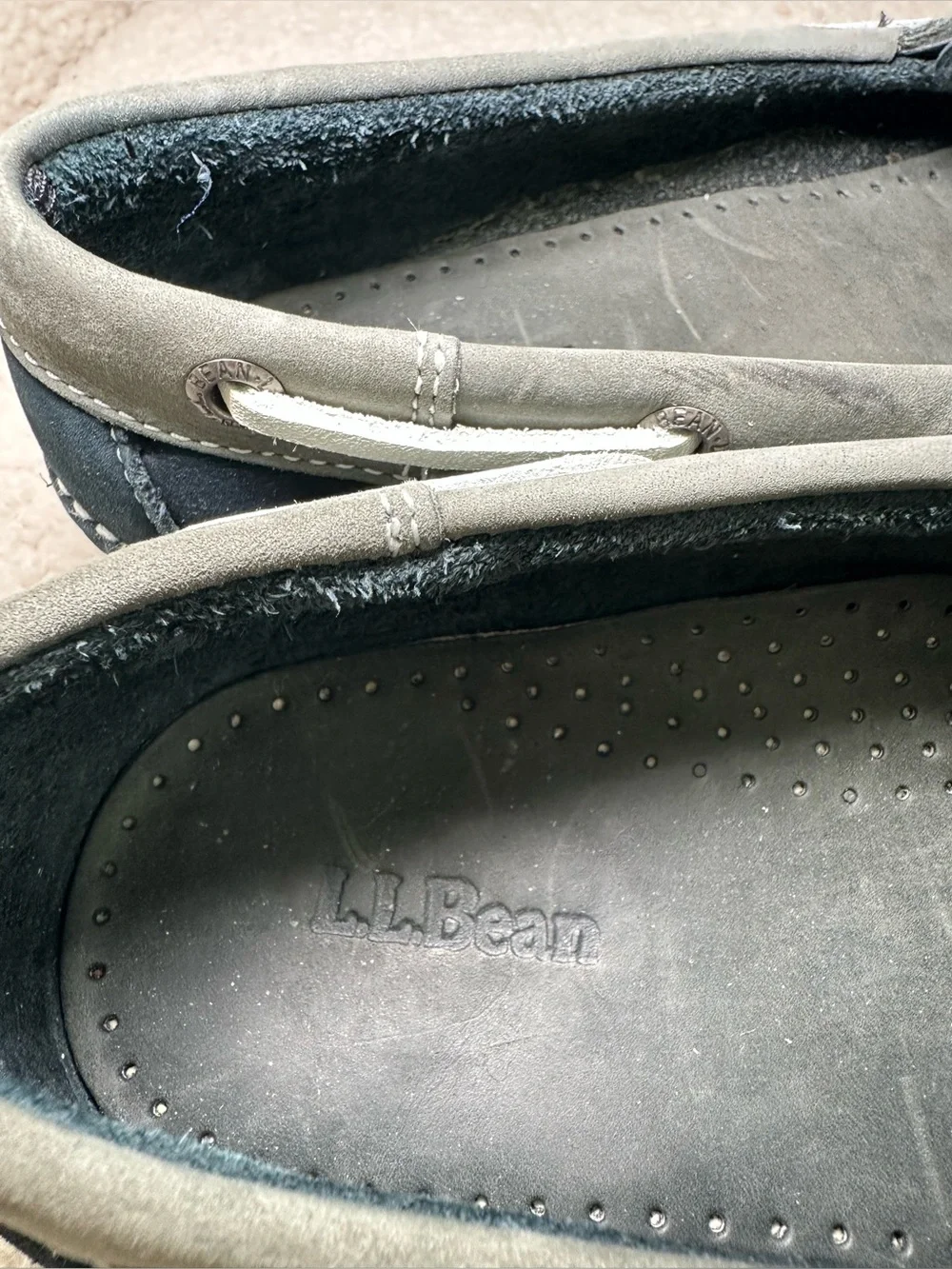 L.L.Bean Casco Bay Boat Shoes Men’s Navy Blue Gray Leather Dock Loafers Preppy
